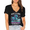 Dragon Reading Just A Girl Who Loves Dragons And Books Women's Jersey Short Sleeve Deep V-Neck Tshirt