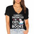Easily Distracted By Cats And Books Cute Cat And Book Lovers Women's Jersey Short Sleeve Deep V-Neck Tshirt