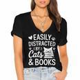 Easily Distracted By Cats And Books Reading Apparel Women's Jersey Short Sleeve Deep V-Neck Tshirt