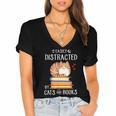 Easily Distracted By Cats And Books Reading Lover Bookish Women's Jersey Short Sleeve Deep V-Neck Tshirt