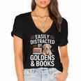 Easily Distracted By Goldens & Books Golden Retriever Dog Women's Jersey Short Sleeve Deep V-Neck Tshirt