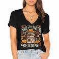 Fall In Love With Reading Book Autumn Pumpkins And Teachers Women's Jersey Short Sleeve Deep V-Neck Tshirt