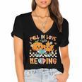 Fall In Love With Reading Thanksgiving Pumpkin Book Lover Women's Jersey Short Sleeve Deep V-Neck Tshirt Fall In Love With Reading Thanksgiving Pumpkin Book Lover Women's Jersey Short Sleeve Deep V-Neck Tshirt