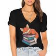 Fox Reading Book Pajama Sleep Women's Jersey Short Sleeve Deep V-Neck Tshirt