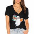 Ghost Reading Books Halloween Library Women's Jersey Short Sleeve Deep V-Neck Tshirt