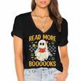 Ghost Reading Books Teacher Student Halloween Read More Book Women's Jersey Short Sleeve Deep V-Neck Tshirt