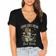 Good Girls Read Bad Books Vintage Skeleton Reader Women's Jersey Short Sleeve Deep V-Neck Tshirt