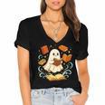 Halloween Cute Ghost Shirt Reading Books Ghost Women's Jersey Short Sleeve Deep V-Neck Tshirt