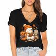 Halloween Ghost Reading Book Lovers Coffee Girl Women Women's Jersey Short Sleeve Deep V-Neck Tshirt