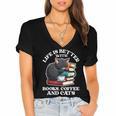 Life Is Better With Books Cats & Coffee Librarian Book Lover Women's Jersey Short Sleeve Deep V-Neck Tshirt