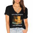 Life Is Better With Cats And Books Cute Cat Lover Women's Jersey Short Sleeve Deep V-Neck Tshirt