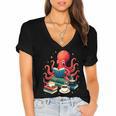 Octopus Reading Books Tea Coffee Women's Jersey Short Sleeve Deep V-Neck Tshirt
