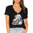 Old English Sheepdog Books Reading Dog Breed Graphic Women's Jersey Short Sleeve Deep V-Neck Tshirt