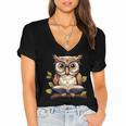 Owl Reading A Book Perched On A Branch Bookworm Women's Jersey Short Sleeve Deep V-Neck Tshirt