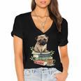 Pug Dog Reading Book Coffee Read Books Be Kind Stay Weird Women's Jersey Short Sleeve Deep V-Neck Tshirt
