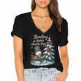 Reading Is Snow Much Fun Christmas Books Snowman Bookworm Women's Jersey Short Sleeve Deep V-Neck Tshirt