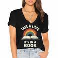 Retro Rainbow Take A Look It's In A Book Reading Women's Jersey Short Sleeve Deep V-Neck Tshirt