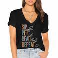 Sip Coffee Pet Cats Read Books Repeat Book Cat Lover Women's Jersey Short Sleeve Deep V-Neck Tshirt Sip Coffee Pet Cats Read Books Repeat Book Cat Lover Women's Jersey Short Sleeve Deep V-Neck Tshirt