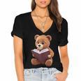 Teddy Bear Reading a Book Women's Jersey Short Sleeve Deep V-Neck Tshirt
