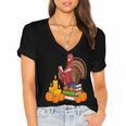 Turkey Reading Books Fall Thanksgiving Teacher Book Women's Jersey Short Sleeve Deep V-Neck Tshirt