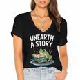 Unearth a Story Frog Reading a Book Summer 2026 Women's Jersey Short Sleeve Deep V-Neck Tshirt