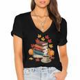 Vintage Books Tea Lovers Fall Autumn Leaves And Pumpkins Women's Jersey Short Sleeve Deep V-Neck Tshirt