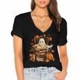 Vintage Ghost Book Reading Pumpkin Gothic Halloween Teachers Women's Jersey Short Sleeve Deep V-Neck Tshirt Vintage Ghost Book Reading Pumpkin Gothic Halloween Teachers Women's Jersey Short Sleeve Deep V-Neck Tshirt