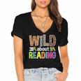 Wild About Reading Library Day Reading Books & Bookworm Women's Jersey Short Sleeve Deep V-Neck Tshirt