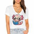 Adorable Book Lover Axolotl With Reading Glasses Cute Women's Jersey Short Sleeve Deep V-Neck Tshirt