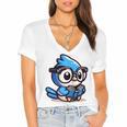Adorable Book Lover Blue Jay With Reading Glasses Cute Raglan Baseball Tee Women's Jersey Short Sleeve Deep V-Neck Tshirt