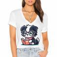 Adorable Book Lover Border Collie With Reading Glasses Cute Raglan Baseball Tee Women's Jersey Short Sleeve Deep V-Neck Tshirt