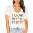 Apple Coquette Bow Books First Day Of School Back To School Women's Jersey Short Sleeve Deep V-Neck Tshirt