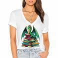 Book Dragon Reading Books Women's Jersey Short Sleeve Deep V-Neck Tshirt