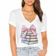 Book Lover Coquette Bow Pink Dainty Ribbon Cute Bookworm Women's Jersey Short Sleeve Deep V-Neck Tshirt