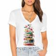Book Stack With Flowers Reading Lover Bookish Women's Jersey Short Sleeve Deep V-Neck Tshirt
