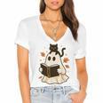 Books Ghost Reading Book Halloween Library Cat Fall Women's Jersey Short Sleeve Deep V-Neck Tshirt Books Ghost Reading Book Halloween Library Cat Fall Women's Jersey Short Sleeve Deep V-Neck Tshirt