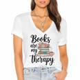 Books Are My Therapy Coffee Books Flowers Bookish Book Lover Women's Jersey Short Sleeve Deep V-Neck Tshirt
