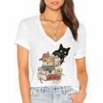 Cat And Books Flowers Reading Club Cat Lover Bookworm Women's Jersey Short Sleeve Deep V-Neck Tshirt Cat And Books Flowers Reading Club Cat Lover Bookworm Women's Jersey Short Sleeve Deep V-Neck Tshirt