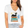 Cat And Books Retro Midcentury Mid Century Aesthetic Women's Jersey Short Sleeve Deep V-Neck Tshirt