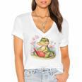 Crocodile Reading Book Watercolor Flowers Kids Women's Jersey Short Sleeve Deep V-Neck Tshirt