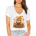 Cute Autumn Gnome Reading Pumpkin Book Lover Women's Jersey Short Sleeve Deep V-Neck Tshirt