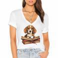 Cute Dog Beagle Reading Book Women's Jersey Short Sleeve Deep V-Neck Tshirt Cute Dog Beagle Reading Book Women's Jersey Short Sleeve Deep V-Neck Tshirt