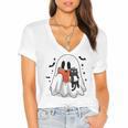 Cute Halloween Ghost Reading Book Women's Jersey Short Sleeve Deep V-Neck Tshirt