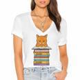 Cute Orange Tabby Cat Reading On Pile Of Books Women's Jersey Short Sleeve Deep V-Neck Tshirt