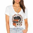 Fall Book Teacher Cat Books Halloween Autumn Librarian Women's Jersey Short Sleeve Deep V-Neck Tshirt