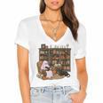Ghost Reading Book Cat Lover Halloween Reading Enthusiast Women's Jersey Short Sleeve Deep V-Neck Tshirt