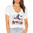 Ghost Reading Book Coquette Bow Halloween Girl Toddler Kid Premium Women's Jersey Short Sleeve Deep V-Neck Tshirt