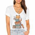 Kawaii Cat Coffee Books Teacher Men Women Girls Kids Women's Jersey Short Sleeve Deep V-Neck Tshirt