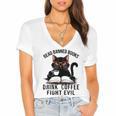 Read Banned Books Drink Coffee Fight Evil Retro Cat Women's Jersey Short Sleeve Deep V-Neck Tshirt