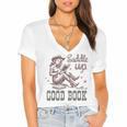 Retro Cowgirl ReadingTee Saddle Up With A Good Book Western Women's Jersey Short Sleeve Deep V-Neck Tshirt